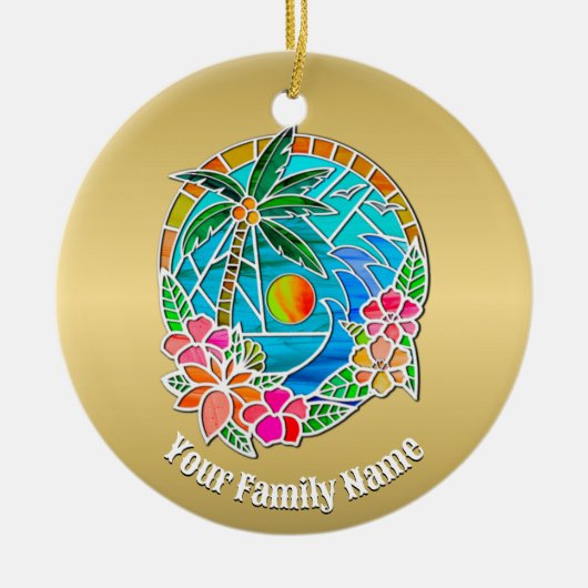 Aqua en Gold Ocean Palm Summer Landschap Keramisch Ornament (Voorkant)