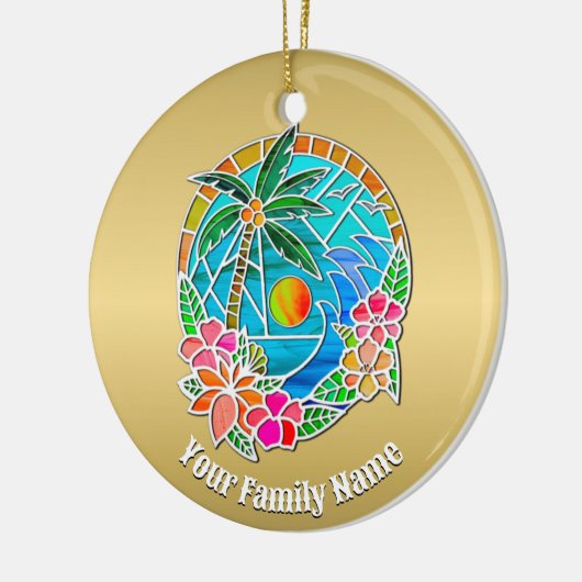Aqua en Gold Ocean Palm Summer Landschap Keramisch Ornament (Links)