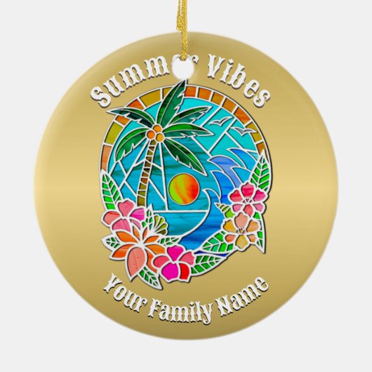 Aqua en Gold Ocean Palm Summer Landschap Keramisch Ornament (Achterkant)