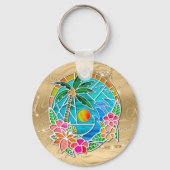 Aqua en Gold Ocean Palm Summer Landschap Sleutelhanger (Voorkant)