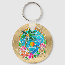 Aqua en Gold Ocean Palm Summer Landschap Sleutelhanger