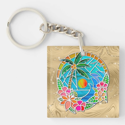 Aqua en Gold Ocean Palm Summer Landschap Sleutelhanger (voorkant)