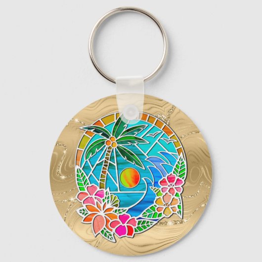 Aqua en Gold Ocean Palm Summer Landschap Sleutelhanger (Voorkant)