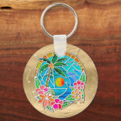 Aqua en Gold Ocean Palm Summer Landschap Sleutelhanger (Voorkant)