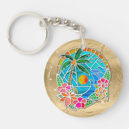Aqua en Gold Ocean Palm Summer Landschap Sleutelhanger (Voorkant)