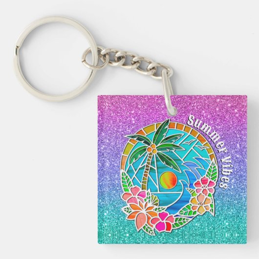 Aqua en Gold Ocean Palm Summer Landschap Sleutelhanger (voorkant)