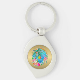 Aqua en Gold Ocean Palm Summer Landschap Sleutelhanger