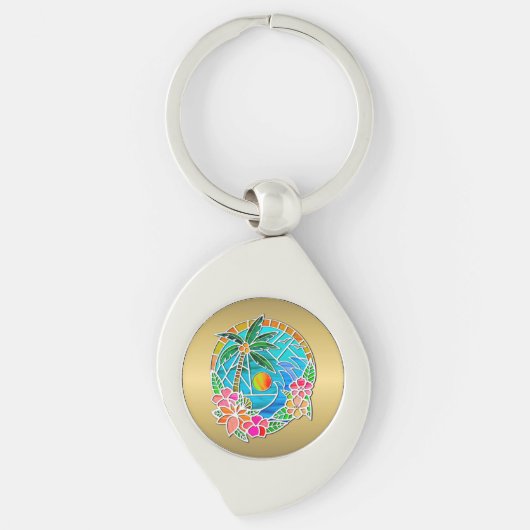 Aqua en Gold Ocean Palm Summer Landschap Sleutelhanger (Voorkant)