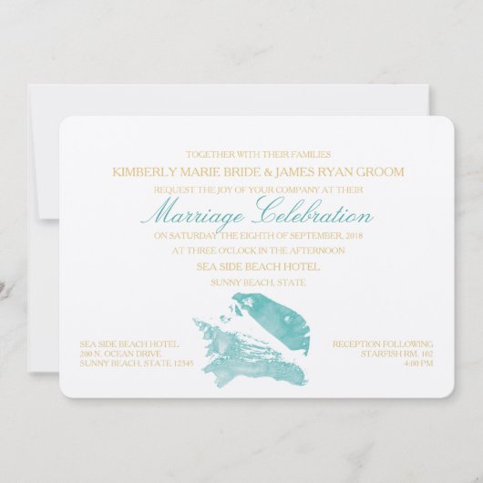 Aqua en Gold Seashell Beach Wedding Kaart (Voorkant)