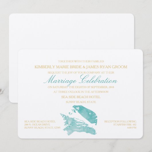Aqua en Gold Seashell Beach Wedding Kaart (Voorkant / Achterkant)