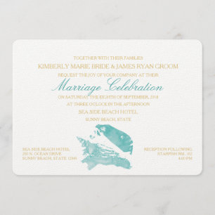 Aqua en Gold Seashell Beach Wedding Kaart