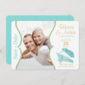 Aqua en Gold Seashell Bewaar de datum Save The Date (Voorkant / Achterkant)