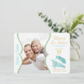 Aqua en Gold Seashell Bewaar de datum Save The Date (Staand voorkant)