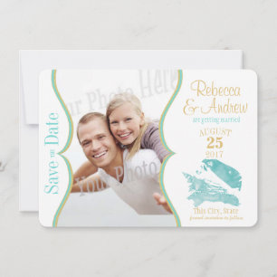 Aqua en Gold Seashell Bewaar de datum Save The Date