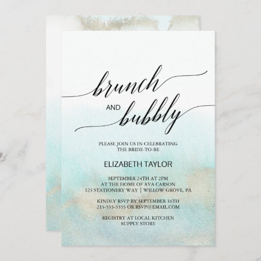 Aqua en Gold Waterverf Beach Brunch en Bubble Kaart (Voorkant / Achterkant)