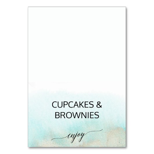 Aqua en Gold Waterverf Beach Buffet Food Labels Kaart (Voorkant)