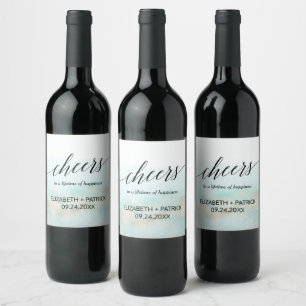 Aqua en Gold Waterverf Beach Cheers Wine Labels Wijn Etiket