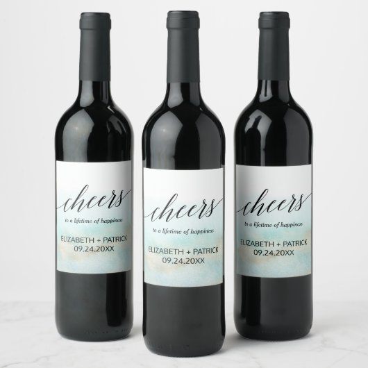 Aqua en Gold Waterverf Beach Cheers Wine Labels Wijn Etiket (Flessen)