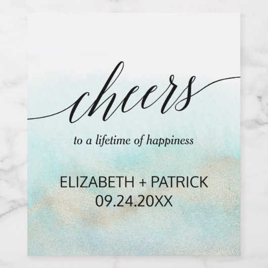 Aqua en Gold Waterverf Beach Cheers Wine Labels Wijn Etiket (Enkel label)
