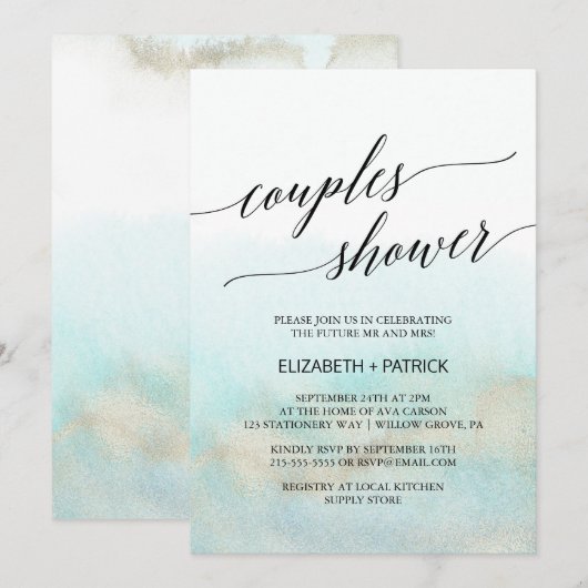 Aqua en Gold Waterverf Beach Couples Shower Kaart (Voorkant / Achterkant)
