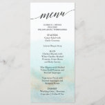 Aqua en Gold Waterverf Beach Dinner Menu Kaart<br><div class="desc">Deze aqua en gouden waterverf strandeetkaart is perfect voor een tropische bruiloft. Het eenvoudige en moderne ontwerp biedt een verbluffende turquoise, een blauwgroen en lichtblauwe waterverf met een zachte gouden glans die doet denken aan het zand en het zee. Het is gekoppeld aan prachtige elegante kalligrafie. Dit menu kan voor...</div>