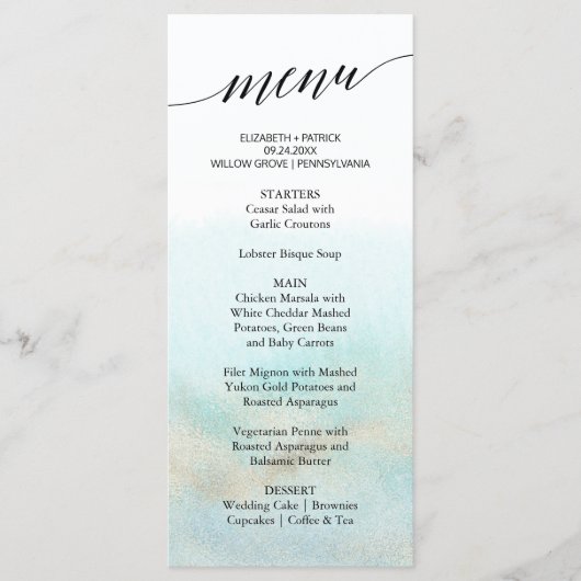 Aqua en Gold Waterverf Beach Dinner Menu Kaart (Voorkant)