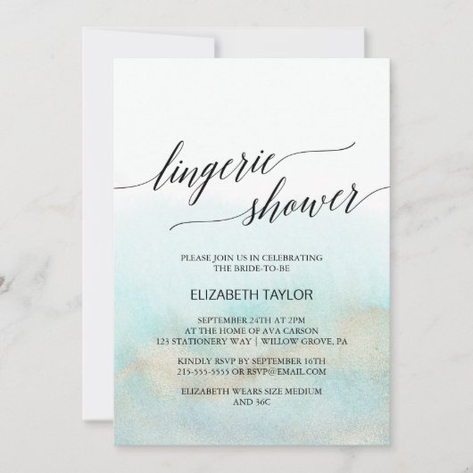 Aqua en Gold Waterverf Beach Lingerie Shower Kaart (Voorkant)