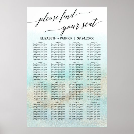 Aqua en Gold Waterverf Beach Seating Chart Poster (Voorkant)