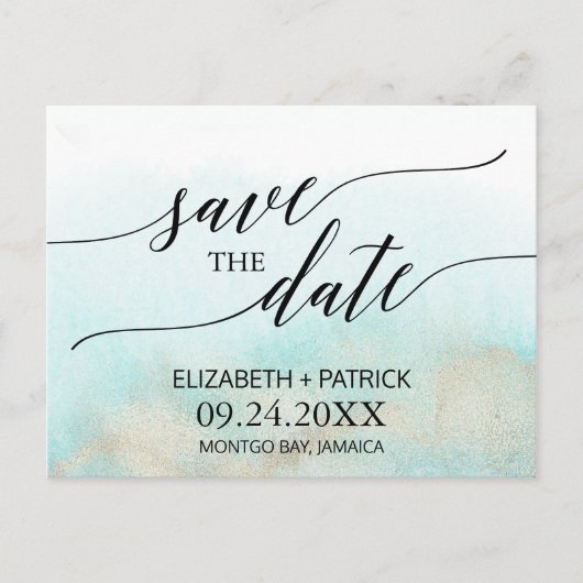 Aqua en Gold Waterverf Beach Sla de datum op Aankondigingskaart (Voorkant)
