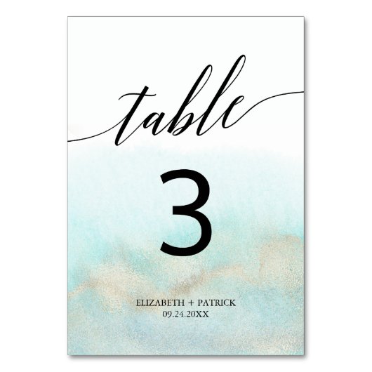 Aqua en Gold Waterverf Beach Table Number Kaart (Voorkant)