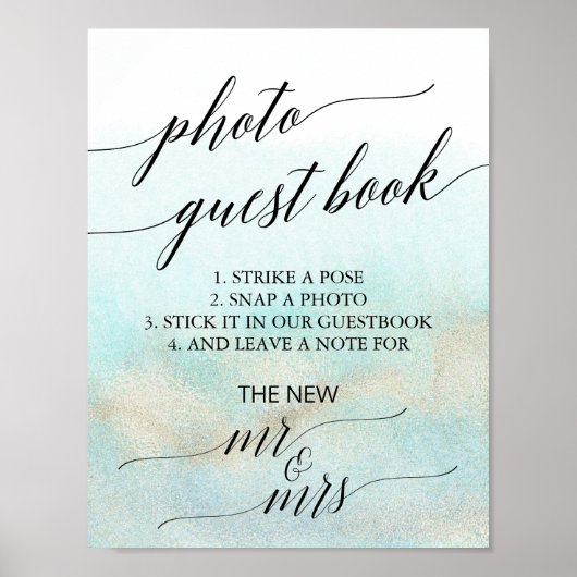 Aqua en Goud Aquarel Strand Foto Gastboek Poster (Voorkant)
