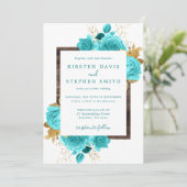 Aqua en Goud Bloemen Rustiek Hout Wedding Kaart (Staand voorkant)