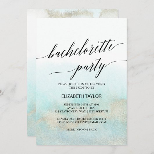 Aqua en Goud Waterverf Strand Bachelorette Feestje Kaart (Voorkant / Achterkant)