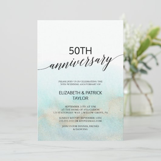 Aqua en Goud Waterverf Strand Bruiloft Jubileum Kaart (Staand voorkant)