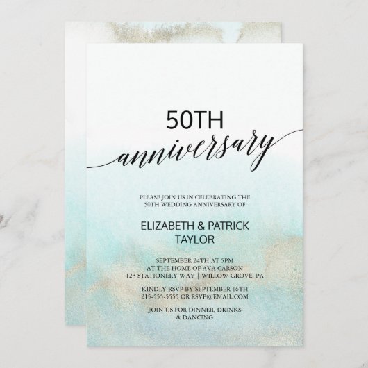 Aqua en Goud Waterverf Strand Bruiloft Jubileum Kaart (Voorkant / Achterkant)