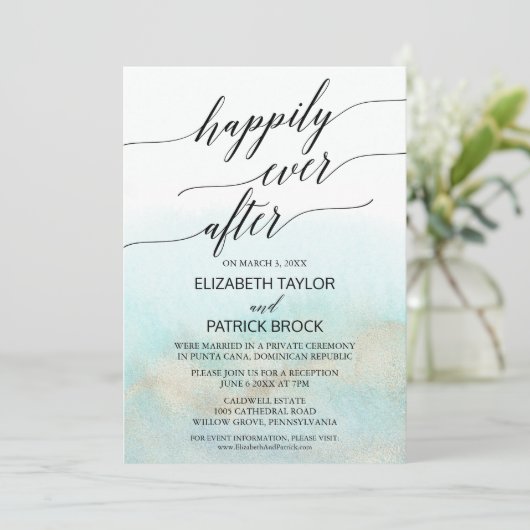 Aqua en goud waterverf strand elopement kaart (Staand voorkant)
