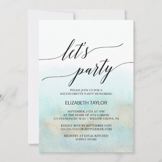 Aqua en Goud Waterverf Strand Laten we Feesten Kaart (Voorkant)