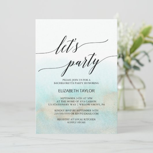 Aqua en Goud Waterverf Strand Laten we Feesten Kaart (Staand voorkant)