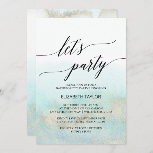 Aqua en Goud Waterverf Strand Laten we Feesten Kaart (Voorkant / Achterkant)