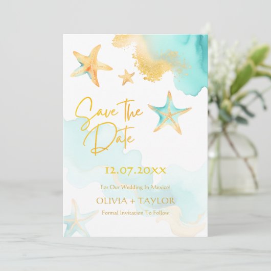 Aqua En Goud Waterverf Strand Sterrenvis Trouwdag Save The Date (Staand voorkant)