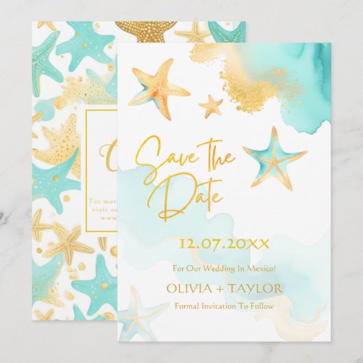 Aqua En Goud Waterverf Strand Stervis Bruiloft Save The Date (Voorkant / Achterkant)