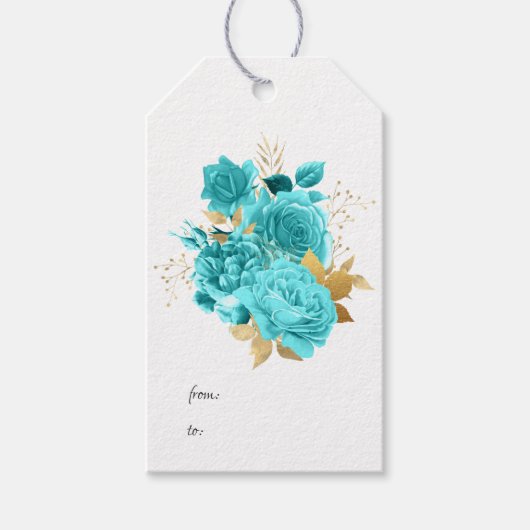Aqua en Gouden Bloemen Cadeaulabel (Voorkant)