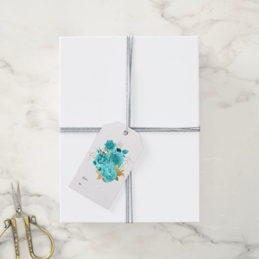 Aqua en Gouden Bloemen Cadeaulabel (Met Touw)