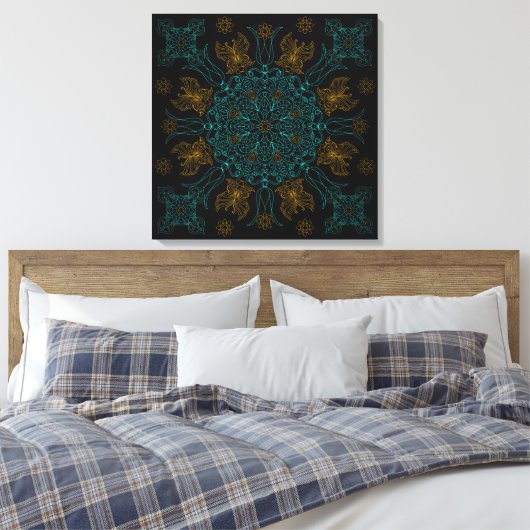 Aqua en gouden Mandala kunst Canvas Afdruk (Insitu (Slaapkamer))