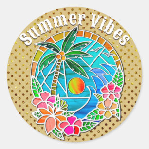 Aqua en Gouden Oceaan Palmboom Zomer Landschap Ronde Sticker