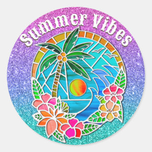 Aqua en Gouden Oceaan Palmboom Zomer Landschap Ronde Sticker