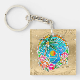 Aqua en Gouden Oceaan Palmboom Zomer Landschap Sleutelhanger