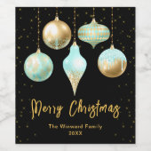 Aqua en gouden Ornamenten Vrolijk kerstfeest Wijn Etiket (Enkel label)