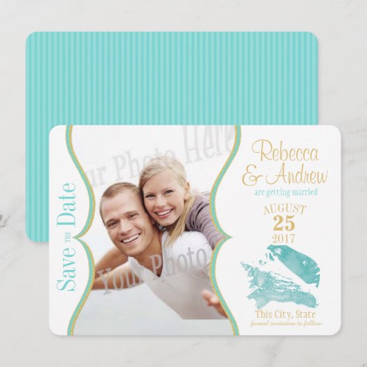 Aqua en gouden schelp save the date (Voorkant / Achterkant)