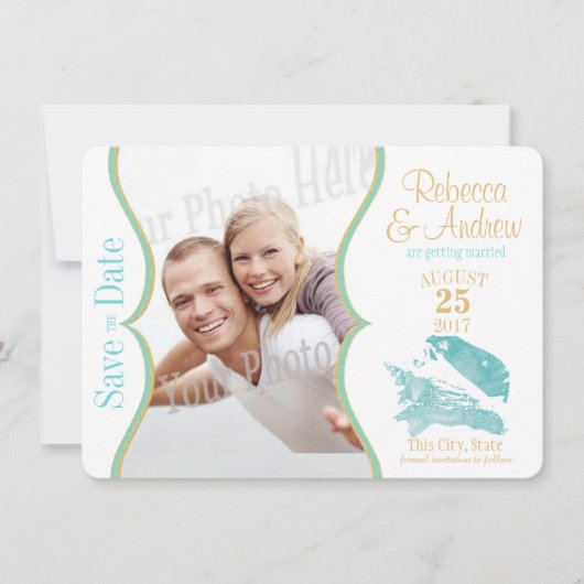 Aqua en gouden schelp save the date (Voorkant)